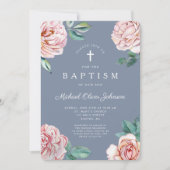 Dusty Blue Floral Religious Cross Boy Doop Kaart (Voorkant)