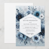 Dusty Blue Floral Romance Wedding Kaart (Voorkant / Achterkant)