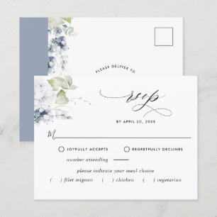 Dusty Blue Floral RSVP Briefkaart zonder maaltijde