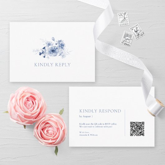 Dusty Blue Floral RSVP Card with QR Code Informatiekaartje