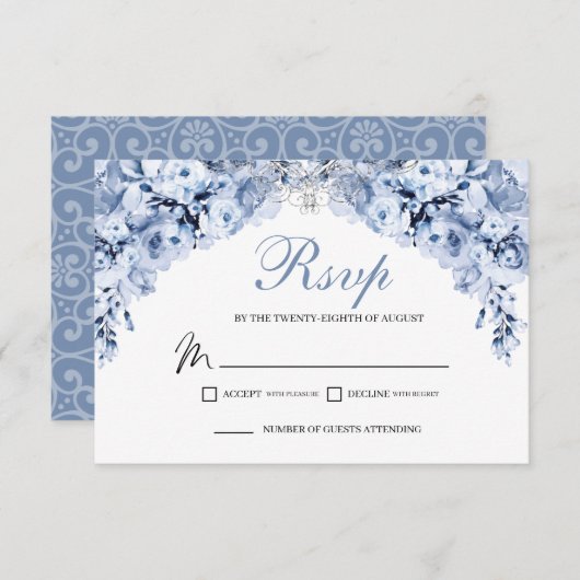 Dusty Blue Floral RSVP Enclosure Kaart (Voorkant / Achterkant)