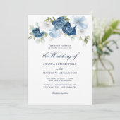 Dusty Blue Floral Script Elegant Wedding Kaart (Staand voorkant)