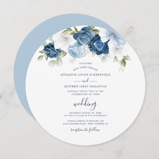 Dusty Blue Floral Script Modern Wedding Kaart (Voorkant / Achterkant)