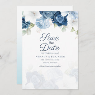 Dusty Blue Floral Script Waterverf Bloom Wedding Save The Date