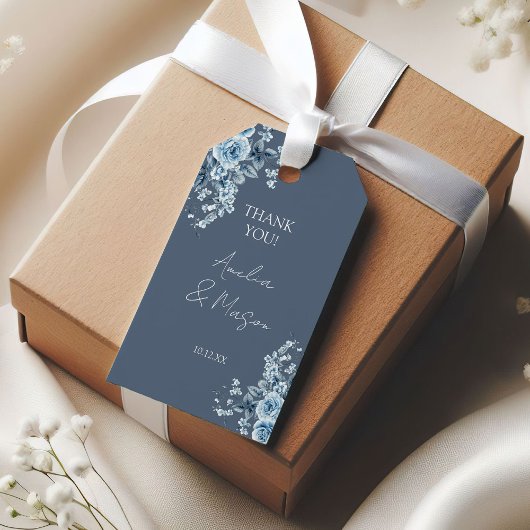 Dusty Blue Floral Script Wedding Cadeaulabel