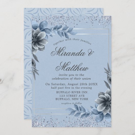 Dusty Blue Floral Silver Wedding Invitations (Devant / Derrière)