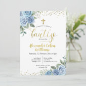 Dusty Blue Floral Spanish Boy Bautizo Invitation Kaart (Staand voorkant)
