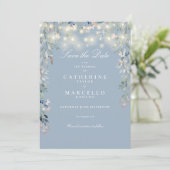 Dusty Blue Floral String Lights Foto Bruiloft Save The Date (Staand voorkant)