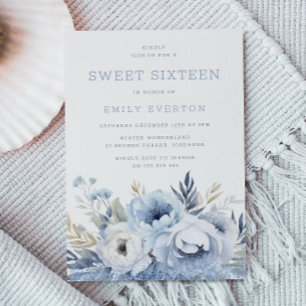 Dusty Blue Floral Sweet 16 Zestien Feest Kaart