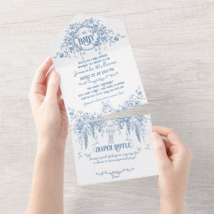 Dusty Blue Floral  Teddy Bear Baby shower All In One Uitnodiging