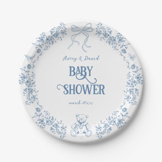 Dusty Blue Floral Teddy Bear Baby shower Papieren Bordje (Voorkant)