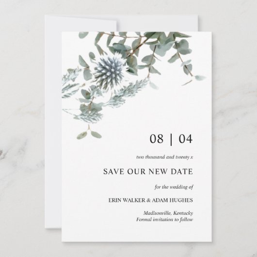 Dusty Blue Floral Thistle Wedding Uitstel Save The Date (Voorkant)