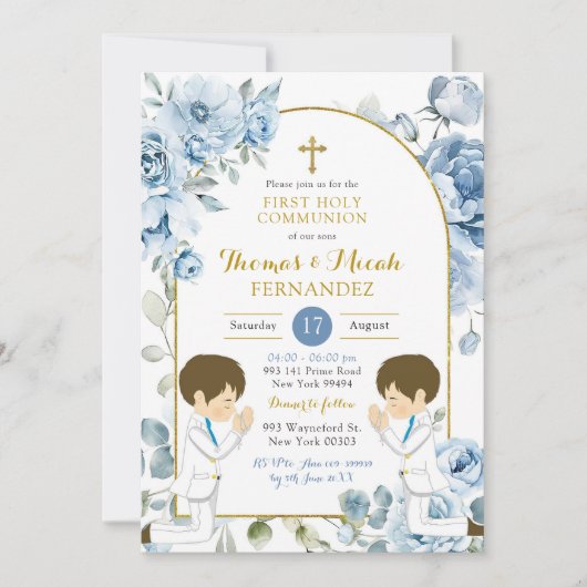 Dusty Blue Floral Twins Jongen Bidden Heilige Comm Kaart (Voorkant)