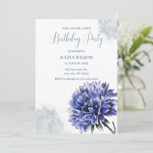 Dusty Blue Floral verjaardagsfeestje Kaart (Staand voorkant)