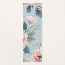 Dusty Blue Floral Watercolor Garden Pink Blooms Yogamat