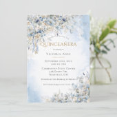 Dusty Blue Floral Waterverf Script Quinceañera Kaart (Staand voorkant)