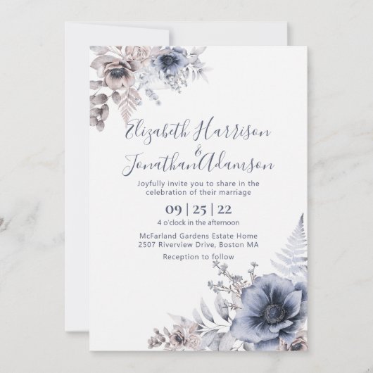 Dusty Blue Floral Waterverf| Slate Blue Wedding Kaart (Voorkant)