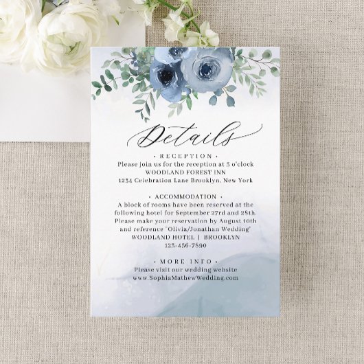 Dusty Blue Floral Waterverf Wedding Details Informatiekaartje