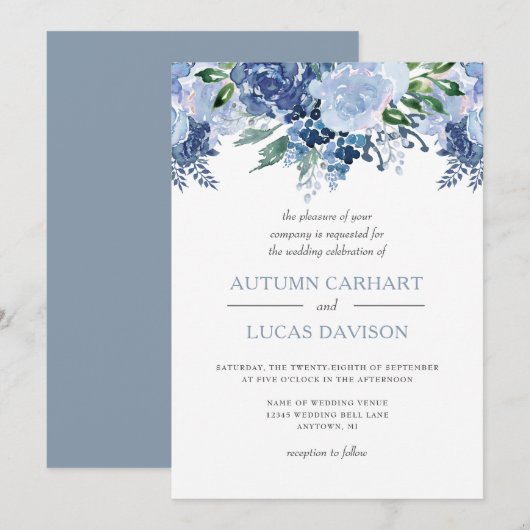 Dusty Blue Floral Waterverf Wedding Kaart (Voorkant / Achterkant)