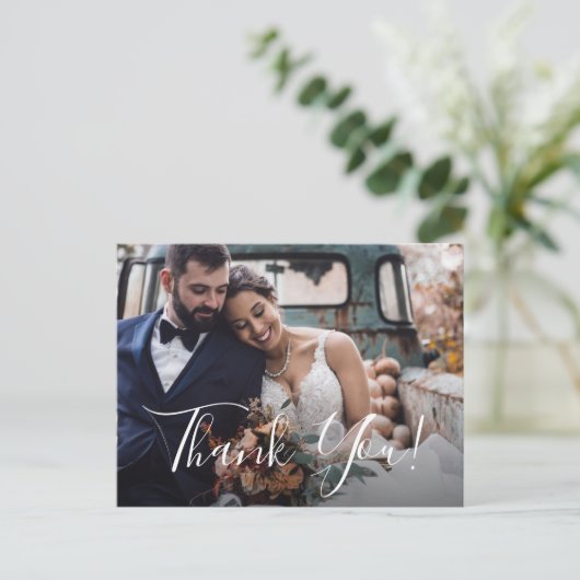 Dusty Blue Floral Weddenschap Foto bedankt Briefkaart (Staand voorkant)