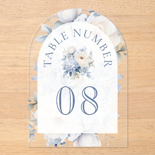 Dusty Blue Floral Wedding Acrylic Table Number Acryl Uitnodigingen (Voorkant)