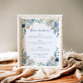 Dusty Blue Floral Wedding Bar Menu Trouwen Drinken Poster