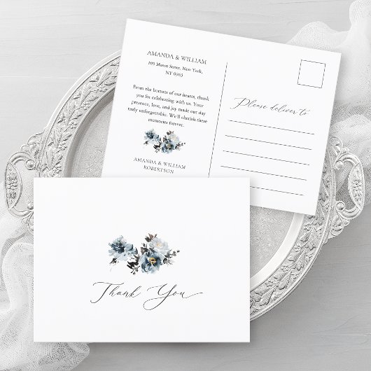 Dusty Blue Floral Wedding Bedankt Briefkaart