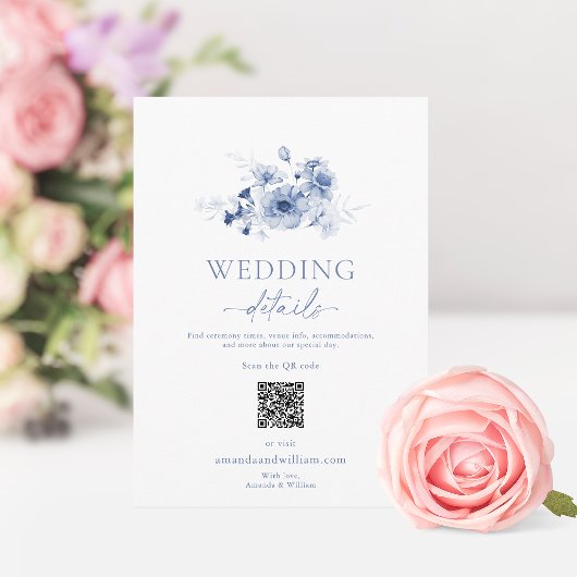 Dusty Blue Floral Wedding Details Card Kaart