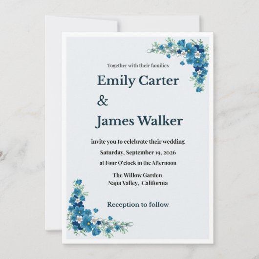 Dusty Blue Floral Wedding Invitation (Devant)