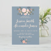 Dusty Blue Floral Wedding Invitation Blush Pink Kaart (Staand voorkant)