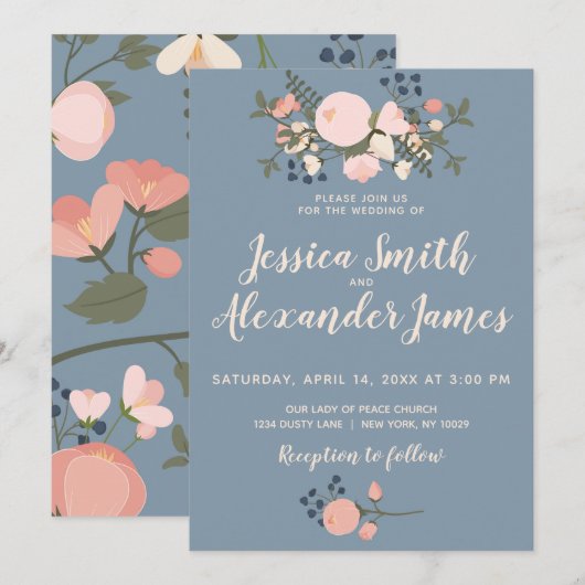 Dusty Blue Floral Wedding Invitation Blush Pink Kaart (Voorkant / Achterkant)
