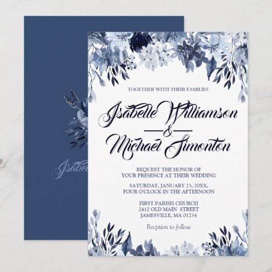 Dusty Blue Floral Wedding Invitation Kaart (Voorkant / Achterkant)