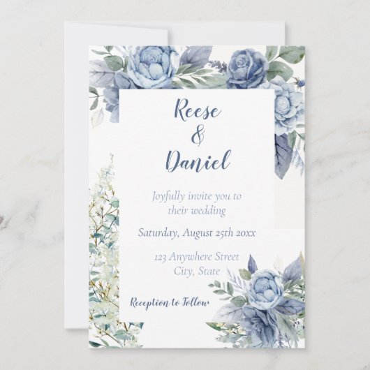 Dusty Blue Floral Wedding Invitation Kaart (Voorkant)