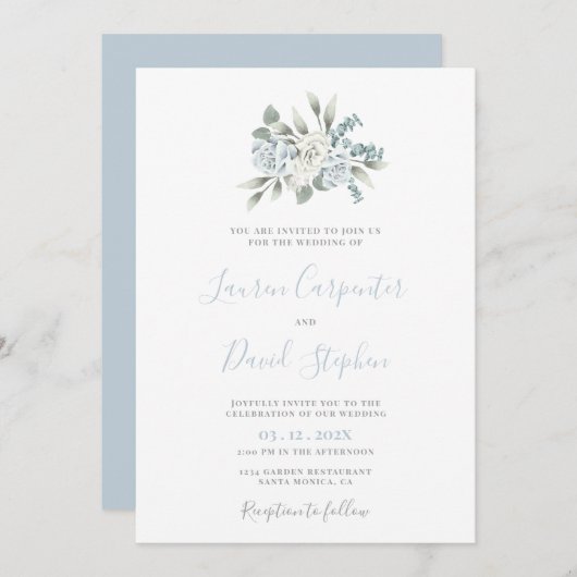 Dusty Blue Floral Wedding Invitation Kaart (Voorkant / Achterkant)