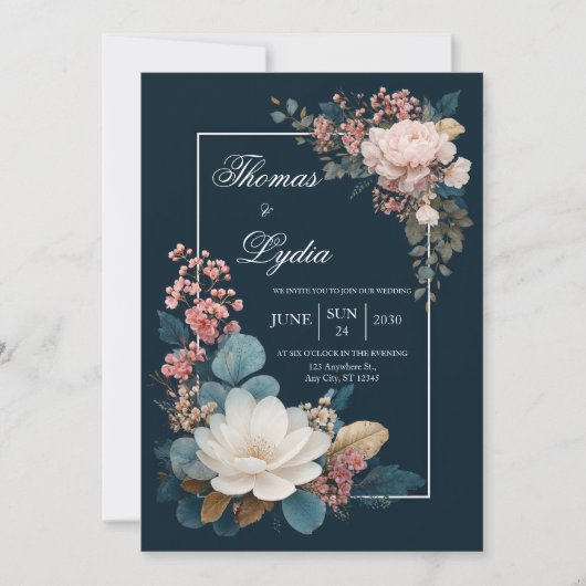 Dusty Blue Floral Wedding Invitation Kaart (Voorkant)