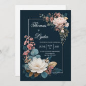 Dusty Blue Floral Wedding Invitation Kaart (Voorkant / Achterkant)