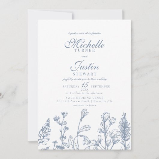 Dusty Blue Floral Wedding Invitations (Devant)
