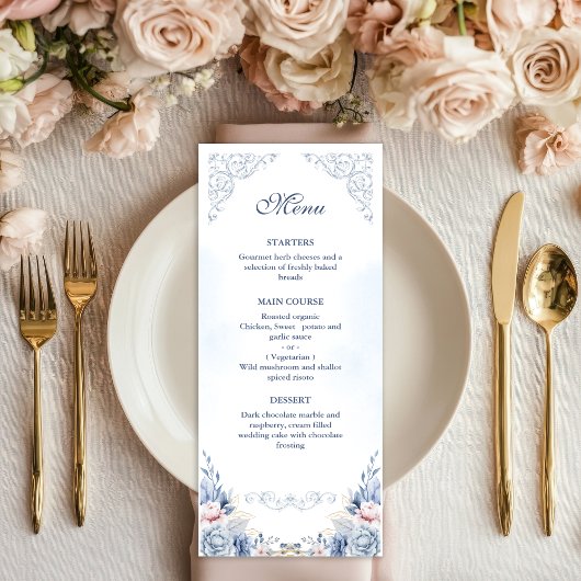 Dusty Blue Floral Wedding Menu