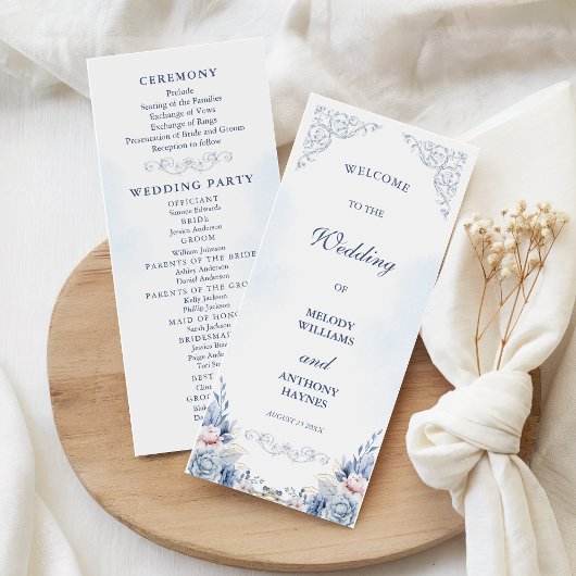 Dusty Blue Floral Wedding Program Fan