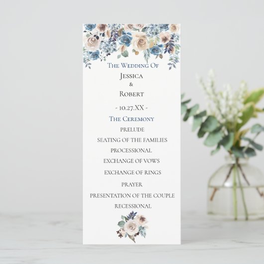 Dusty Blue Floral Wedding Programme Programma (Staand voorkant)