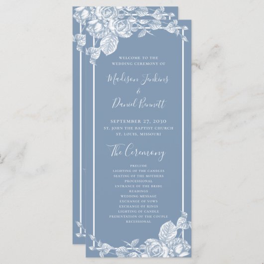 Dusty Blue Floral Wedding Programme Programma (Voorkant / Achterkant)