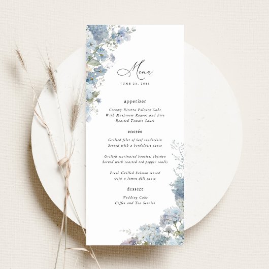 Dusty Blue Floral Wedding Reception Dinner Menu