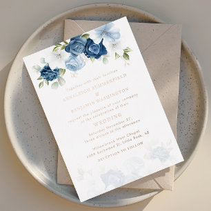 Dusty Blue Floral Wedding Roos Gold Folie Uitnodiging