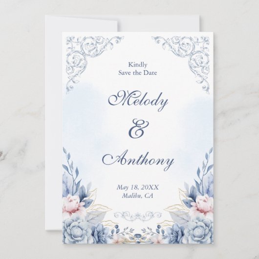 Dusty Blue Floral Wedding Save the Date (Devant)