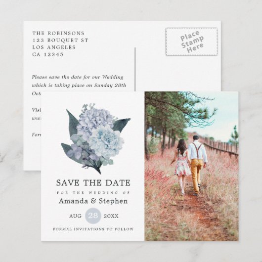 Dusty Blue Floral Wedding Save the Date Briefkaart (Voorkant / Achterkant)