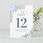 Dusty Blue Floral Wedding Table Number Kaart (Staand voorkant)