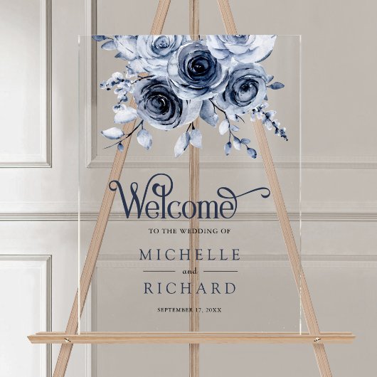 Dusty Blue Floral Wedding Welcome Acryl Bord