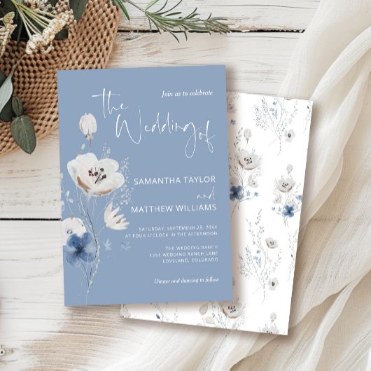 Dusty Blue Floral Wildflower Wedding Kaart