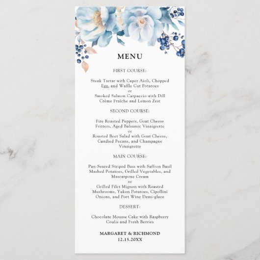 Dusty Blue Floral Winter Wedding Menu (Devant)