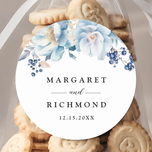 Dusty Blue Floral Winter Wedding Ronde Sticker